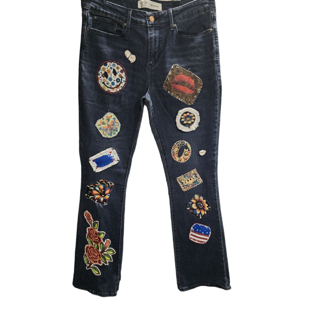 Women's Levi's Upcycled Blue Boot Cut Jeans with Multicolor Patches Size 12